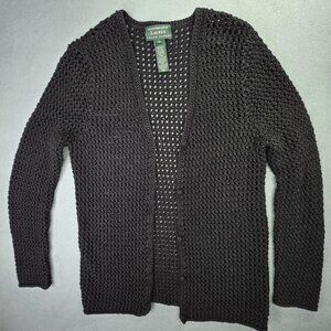 Lauren Ralph Lauren Sweater Womens M Black Hand Open Knit Cotton Cardigan